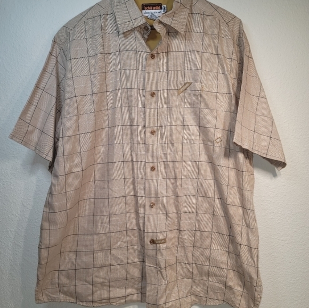 Ecko Unltd Classic Material Short Sleeve Button Up Plaid Shirt Size L Tan Beige.